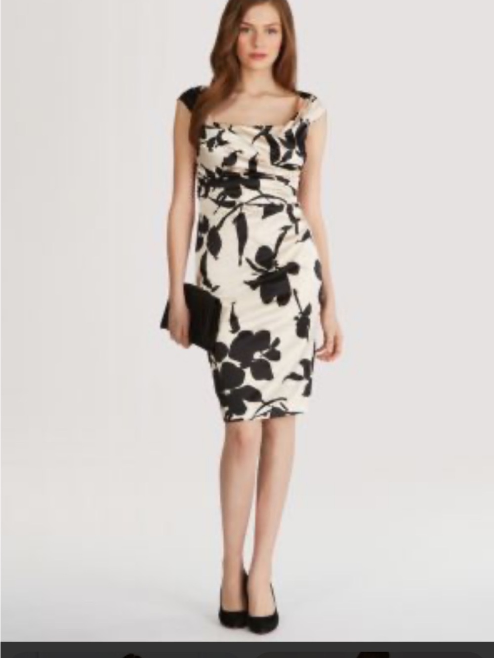 Coast Dress - Alva Mono Elegant Ivory/Black Floral Ruched Dress Size 4